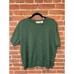 Alfred Dunner Women's Green Argyle Knit Short Sleeve Sweater